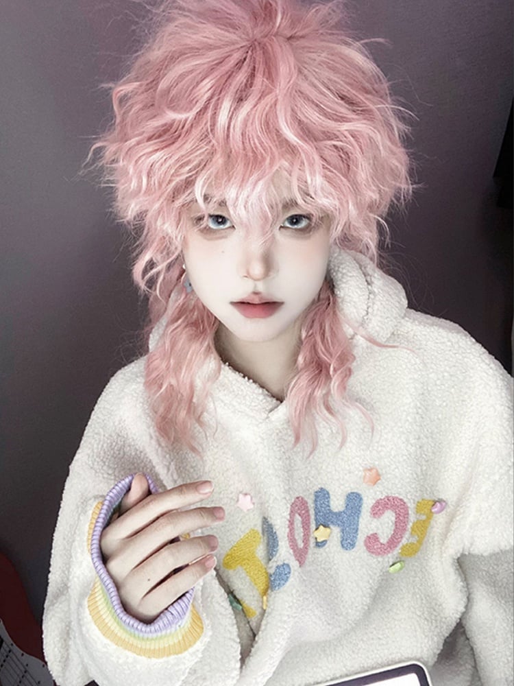 Pink Ouji Style 38CM Length Wavy Wig With Bangs