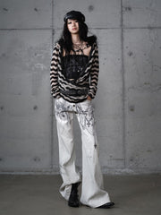 Vintage Black & White Striped Knit Top & Bustier Set with Deconstructed Design & Faux Fur