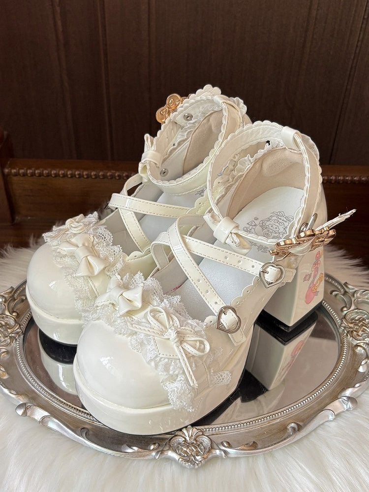 White Sweet Lolita Chunky High Block Heel Mary Janes in PU - Crisscross Straps, Bow Accents & Lace Trim