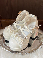 White Sweet Lolita Chunky High Block Heel Mary Janes in PU - Crisscross Straps, Bow Accents & Lace Trim