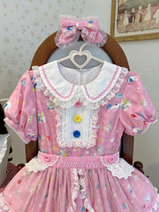 Lamb and Bunny Print Pink Short Sleeves Sweet Lolita Peter Pan Collar Dress