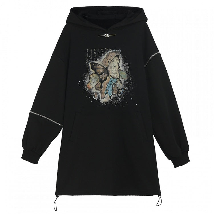 Zips Design Black Butterfly Print Hoodie Dress