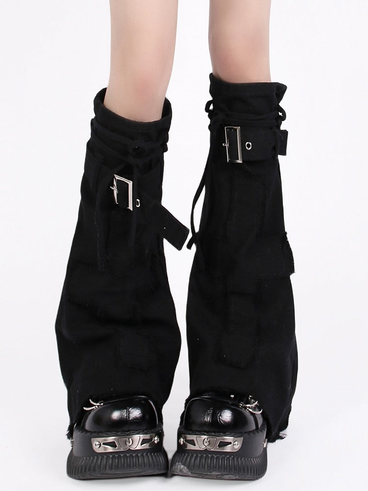 Y2K Style Black Leg Warmers with Buckle Strap
