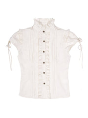 Y2K Gyaru Fashion White Short Puff Sleeve Leopard Print Punk Top with Ruffle Trim & Back Crisscross Tie
