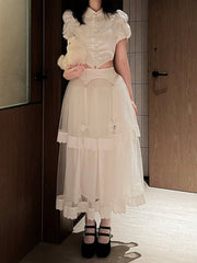 White Layered Tulle Gothic Lolita Skirt with Bow Details