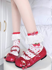 Red & White Lolita Strawberry Pattern Ruffled Cotton Socks with Bow Decorations