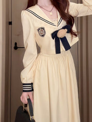 Beige & Dark Blue Sailor Collar Lolita Long-Sleeve Top + Maxi Dress Set