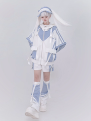 Tenshi Kaiwai Light Blue and White Full Techwear Set: Landmine Snap Jacket, Shorts, Leg Warmers & Hairband