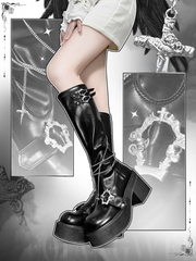 Y2K Gothic Platform Knee-high Boots in Polished Black with Coffin Buckles & Detachable Cross Chains