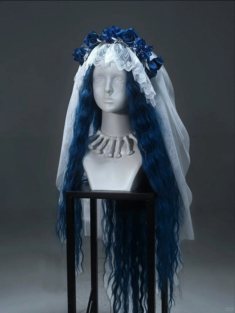 Clearance - White Goth Corpse Bride Veil with Blue Flowers Decoration