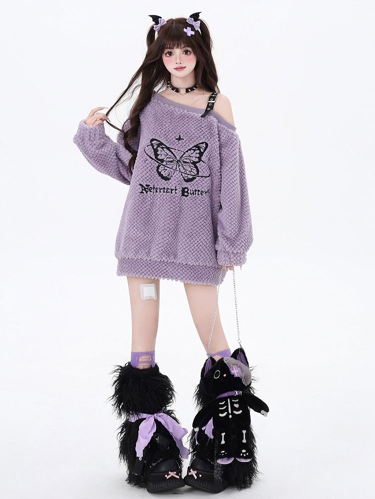 Sweet Butterfly Design Purple Asymmetrical Neckline Cozy Sweatshirt PU Shoulder Strap