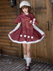 Christmas Red Under Bust Lolita Plaid Dress Boned Waist and Plush Hemline Short Version