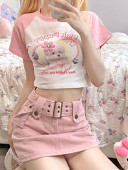 White & Pink Cute Puppy Print Cropped Top
