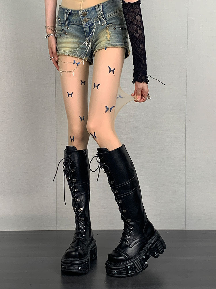 Y2K Nude Butterfly Print Tights