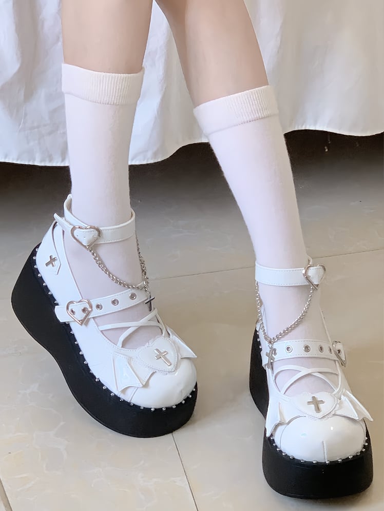 Y2K White PU Leather Platforms with Cross Details & Wings Accents Heart at Top