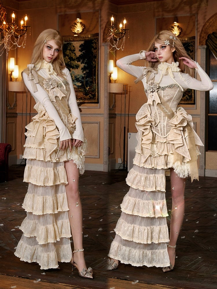 Cream Apricot Asymmetrical Tiered Sequined Lace Skirt