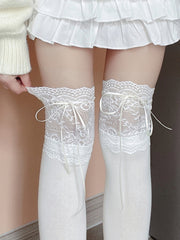 White/White & Pink/White & Blue Bowknot Strap Lace Trim Calf Socks/ Over Knee Stockings
