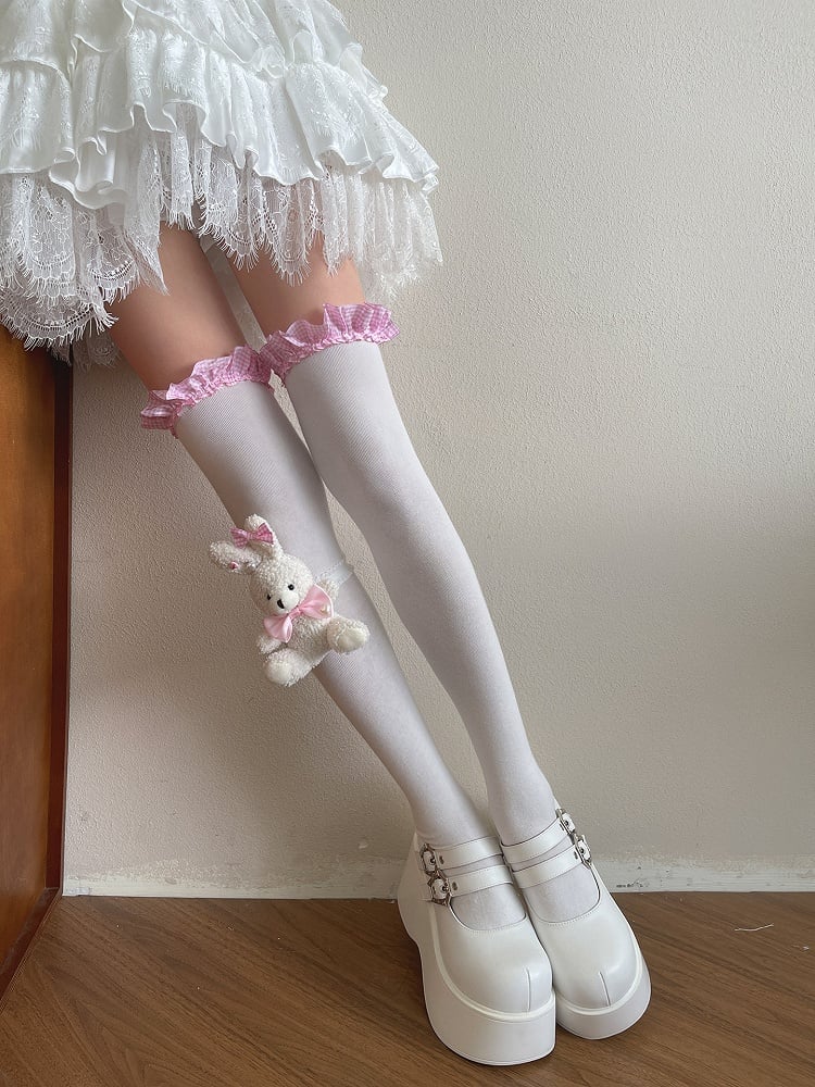 White Overknee Stockings with Pink and White Plaided Ruffle Trim/Plush Rabbit Leg Loop