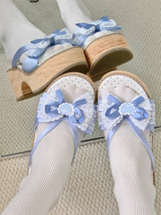 Wood Grain Sole Platform Slippers with Decorative Bow & Heart Applique
