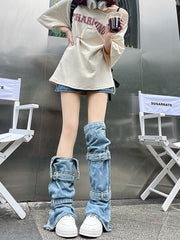 Y2K Style Strappy Denim Leg Warmers