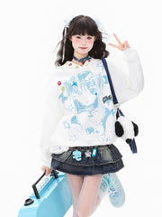 White/Pink Winged Hoodie with Cartoon Girl Print and Lace Drawstrings