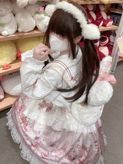 Pink&White Jirai Kei Bowknot Details Lace Trim Cardigan