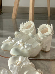 White Sweet Lolita Mid-heel Shoes with Lace Trim and Bow Accents