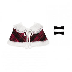 Winter Lolita Plaid Pattern Reversible Cape with Lace and Plush Fur Trim