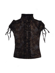 Y2K Gyaru Fashion Black Short Sleeve Leopard Print Punk Top with Ruffle Trim & Puff Sleeves