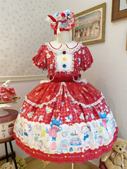 Lamb and Bear Print Red Short Sleeves Sweet Lolita Peter Pan Collar Dress