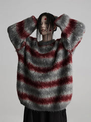 Urban Goth Grey & Red Striped Round Neck Sweater