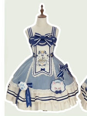 Blue & White Striped Sailor Lolita Dress with Anchor Motifs and Cat Embellishments