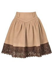 Steampunk Khaki Skirt with V-Waist & Brown Suede Cut-out Floral Hem
