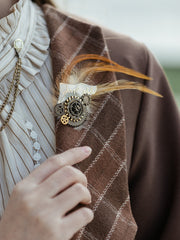 Steampunk Bronze Gear Design Feather Brooch