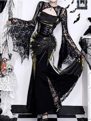 Halloween Gothic Black Batwing Bell Sleeve Lace Shrug with Gem Centerpiece & Floral Embroidery
