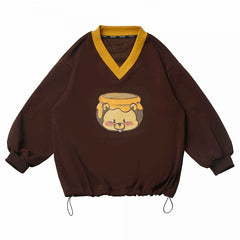 V-neck Coffee Honey Bear Print Loose Sweatshirt Drawstring Hem
