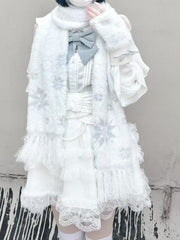 White Knit Fingerless Gloves with Silver Bowknot and Snowflake & Bead Accents