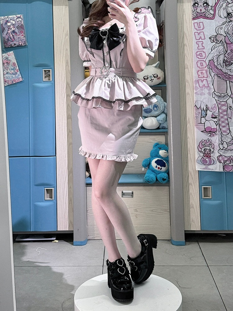 Jirai Kei Pink Bodycon Dress with Waist Puff Ruffles - Elegant & Refined Ojou-sama Style