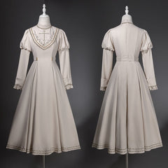 Beige Nun Lolita Juliette Sleeves Dress + Shimmer Red Embroidered Royal Cloak + Rope Accessory
