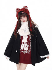 Wine Red Bishop Sleeve Sweater with White Bow-Adorned Rabbit Graphic & Neck Strap