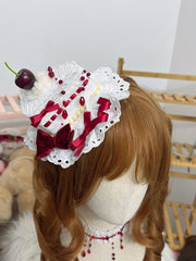 White Gothic Lolita Triangular Cake Mini Hat With Red Beads