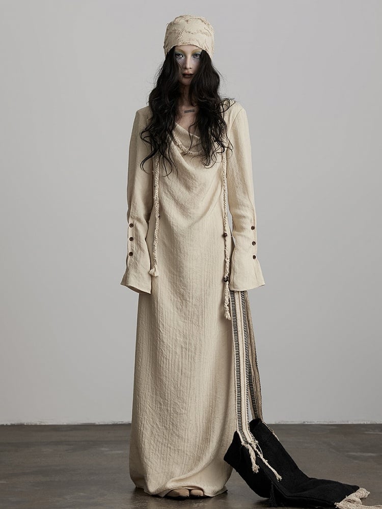 Urban Goth Light Apricot Irregular Cowl Neck Long-Sleeve Loose Dress with Slit Design