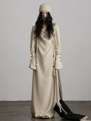 Urban Goth Light Apricot Irregular Cowl Neck Long-Sleeve Loose Dress with Slit Design