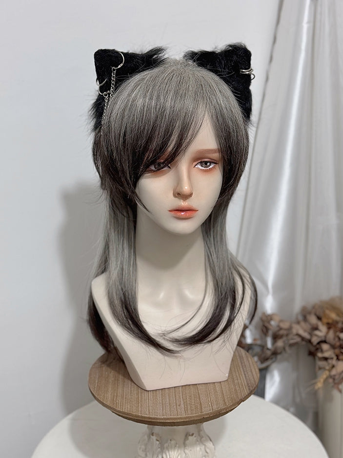 Gray And Black Ombre Ouji Style 45CM Length Straight Wig With Bangs