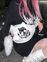 White Punk Canvas Waist Bag - Skeleton & Letter Print with Cat Ear Design