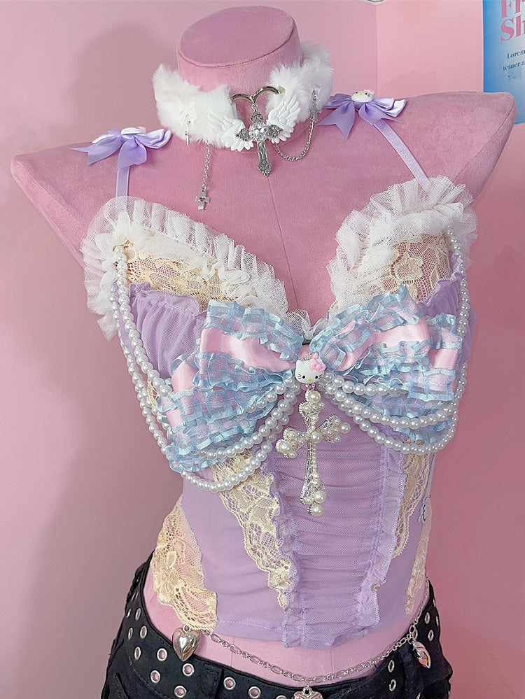 Purple Y2K Glamorous Beaded And Cross Charm Lace Trim Bowknot Cami Top