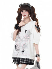 White Punk Graffiti T-shirt with Shoulder Cut-Outs & Plaid Inserts