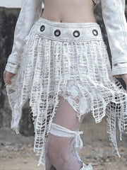 White Punk Distressed Holes Handkerchief Hem Skirt with Detachable Overlay