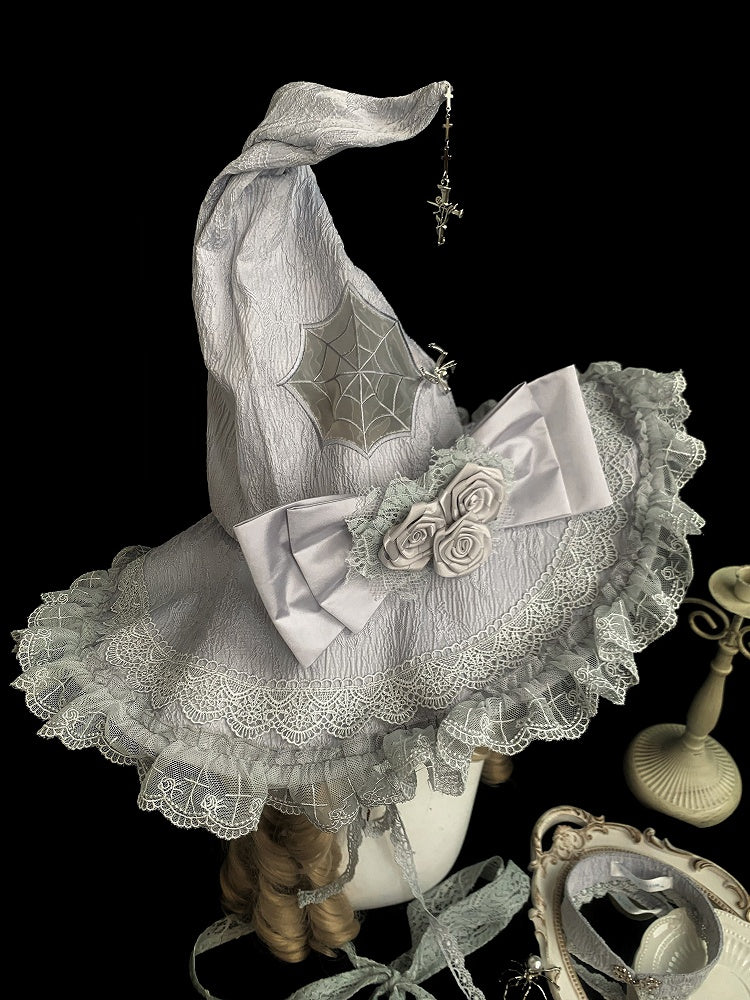 Silver Gray Spider Web Witch Hat Spider and Rose Bowknot Decorated