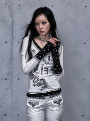White Punk Rock Top with Heart Pattern & Patch Pocket